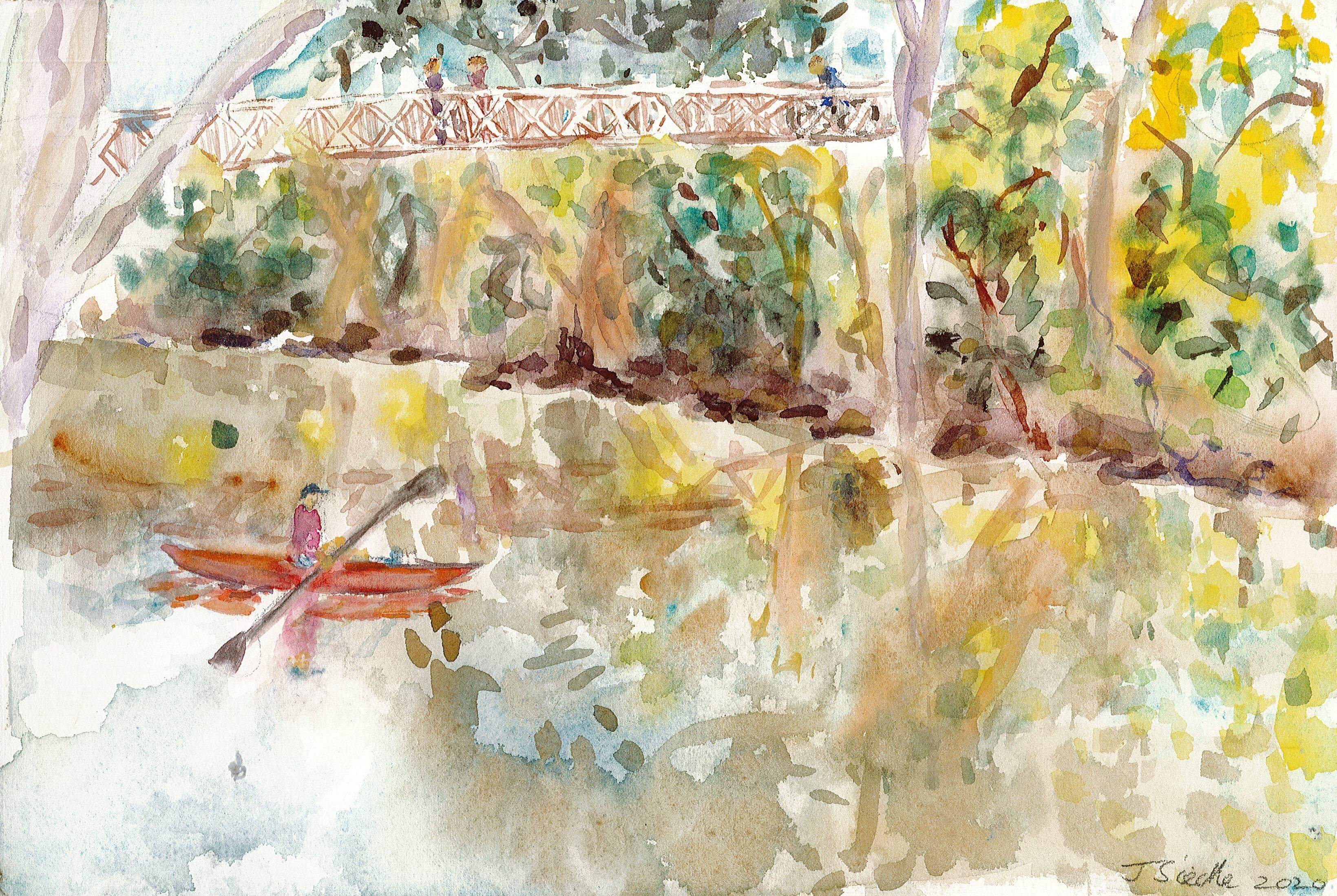 JSiedle_'Kayaker_near_the_Kane's_ Bridge,_Kew.'_2020 Watercolour_28.5_x_19cm