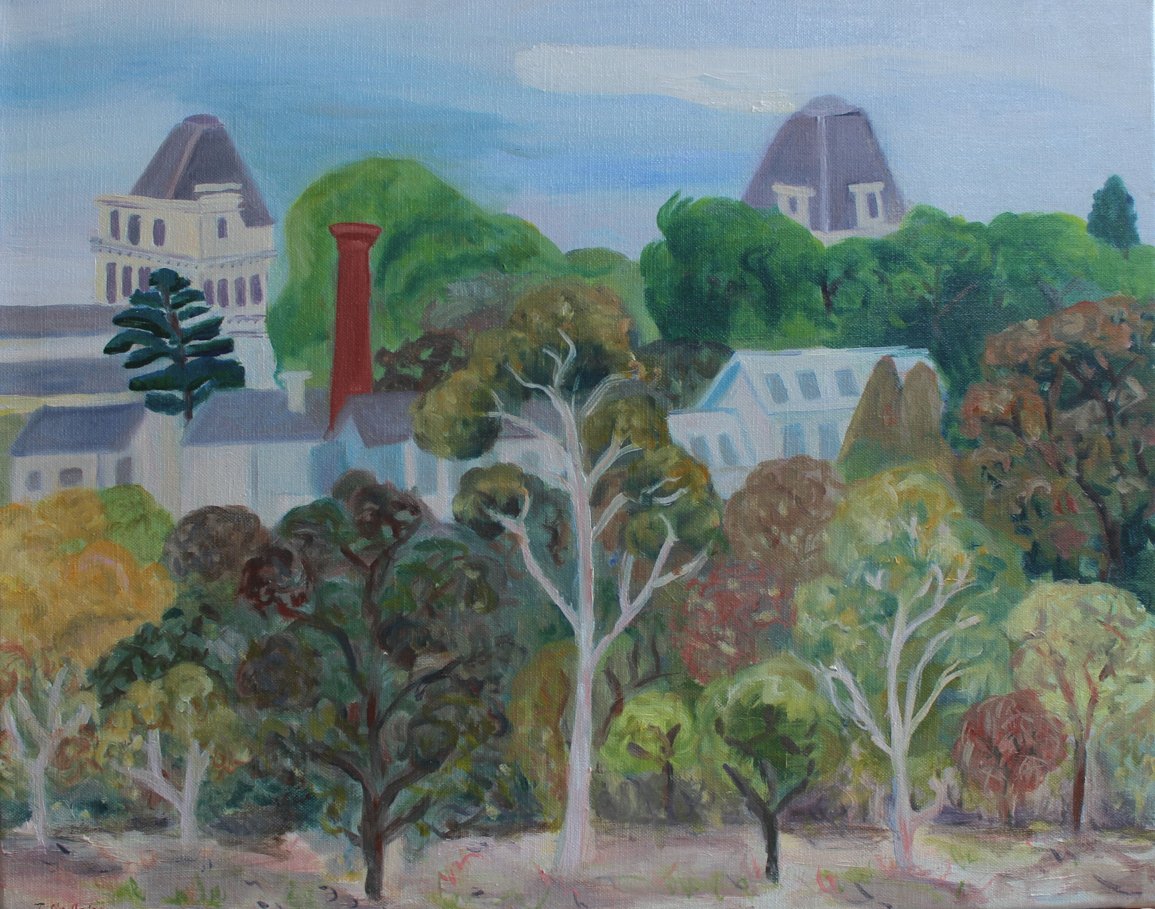 Justine Siedle The Towers, viewed from the hill in Kew. Oil on Linen 30 x 35 cm.