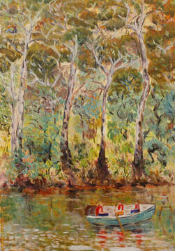 Justine Siedle_Row Boat on the Yarra overlooking Kew. _2021_oil on canvas_35 x 51cm.