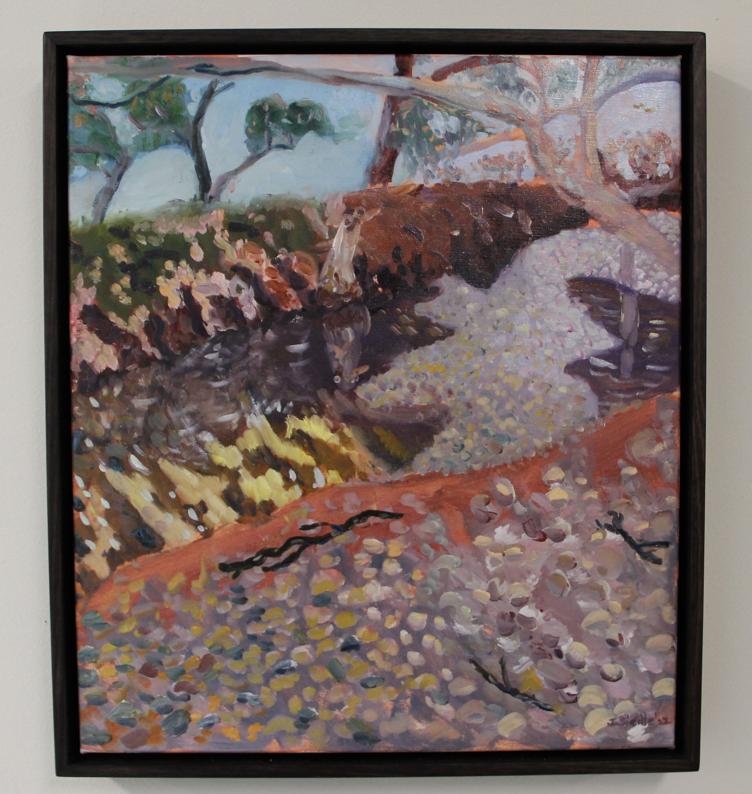 Framed Trickle of water in the Dry Creek Bed, Fowlers Gap. Oil on linen, 2022.