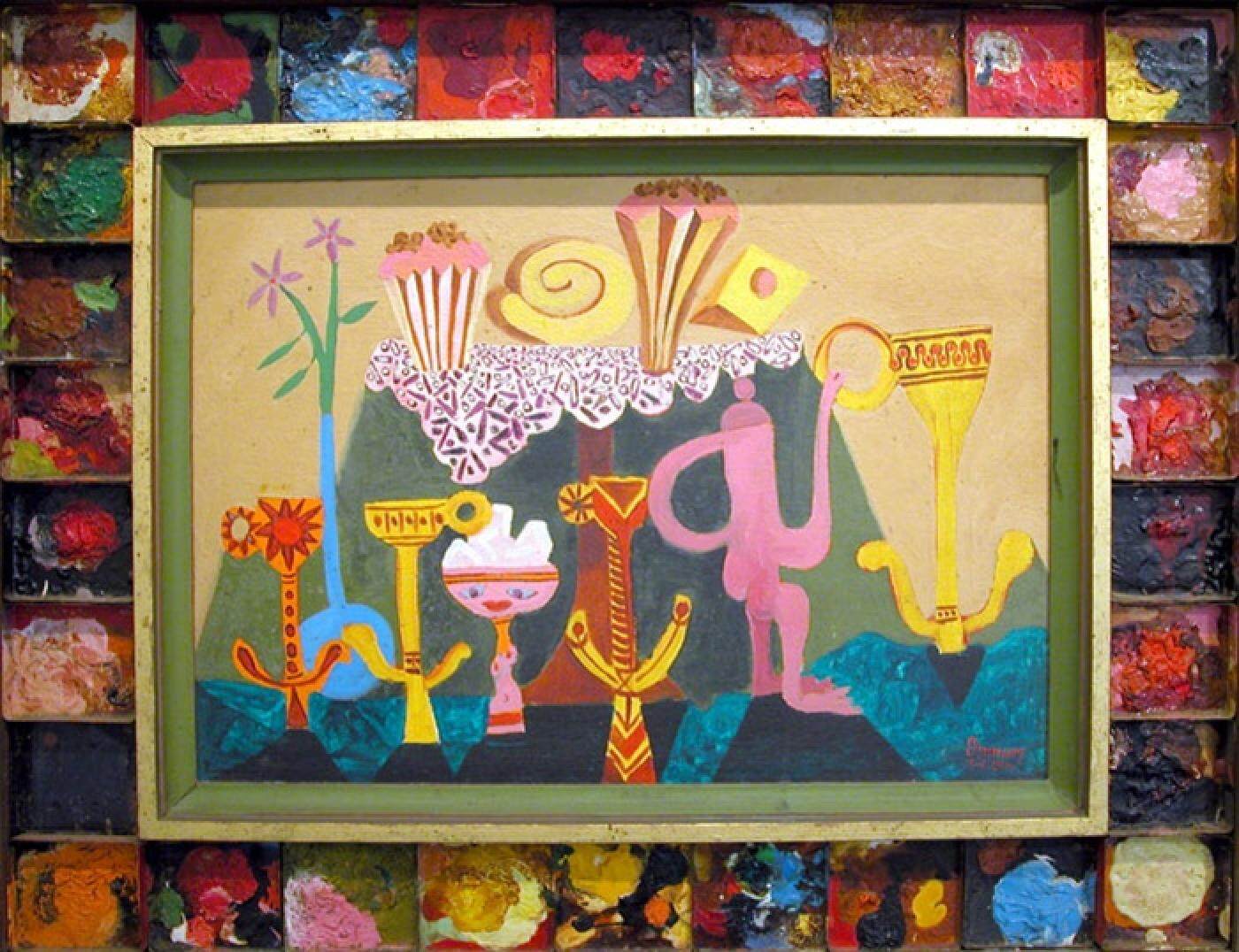 Cups and Cakes by Ronal Greenaway, 1966. Oil on board, 55 x 77cm