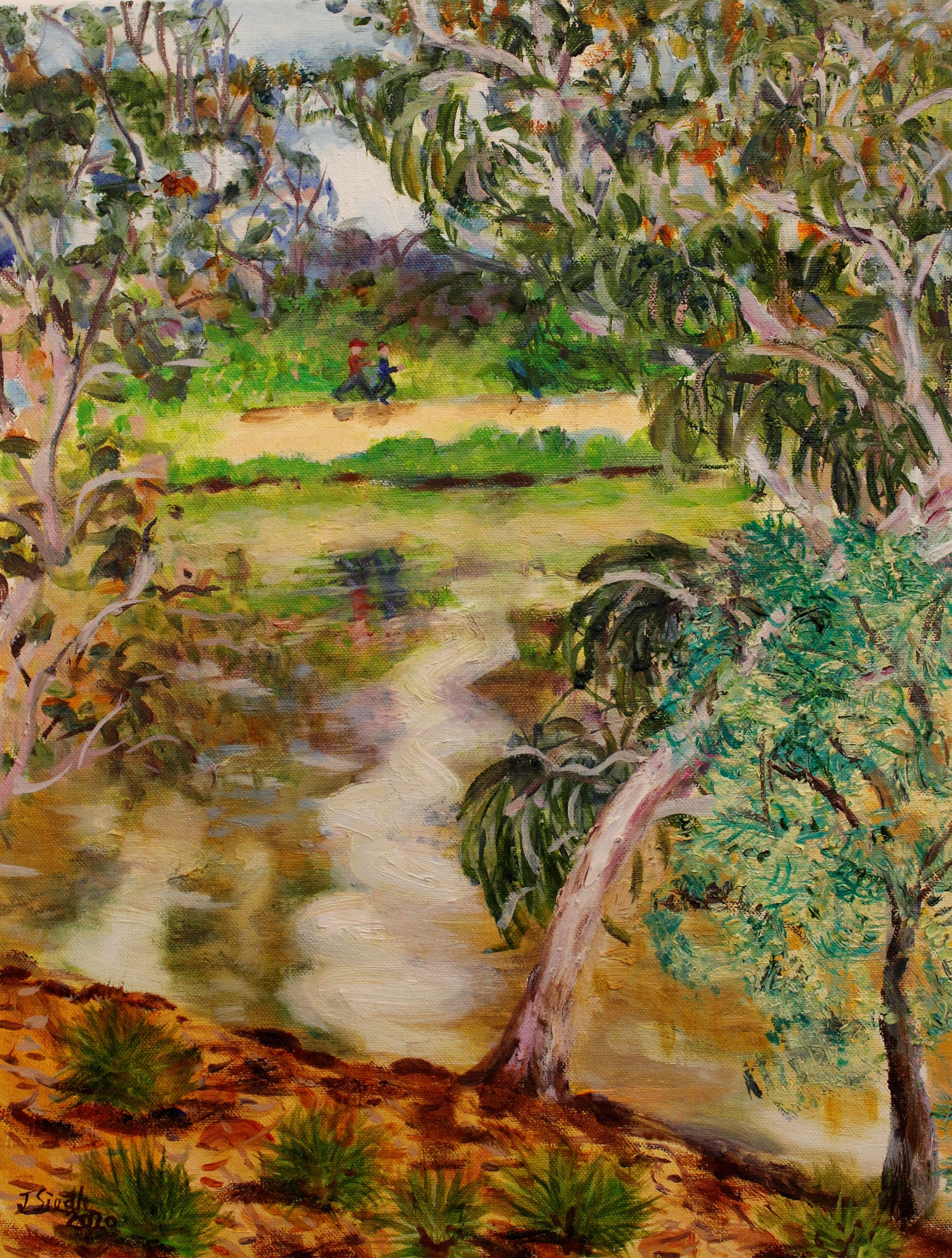 Justine Siede_Runners on the Track, Yarra Reserve, Hawthorn.2021_oil on canvas_45.5 x 35.5 cm